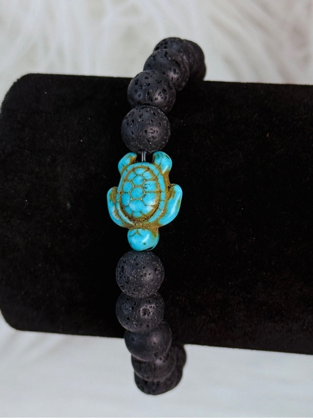 Black Lava Bead Stretch Bracelet with Blue Turtle Accent